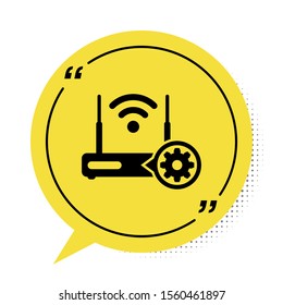 Black Router and wi-fi signal and gear icon isolated on white background. Adjusting app, service concept, setting options, maintenance, repair, fixing. Yellow speech bubble symbol. Vector Illustration