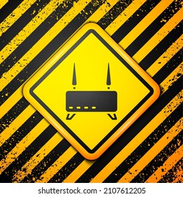 Black Router and wi-fi signal icon isolated on yellow background. Wireless ethernet modem router. Computer technology internet. Warning sign. Vector