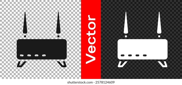 Black Router and wi-fi signal icon isolated on transparent background. Wireless ethernet modem router. Computer technology internet.  Vector