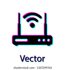 Black Router and wi-fi signal symbol icon isolated on white background. Wireless ethernet modem router. Computer technology internet. Vector Illustration