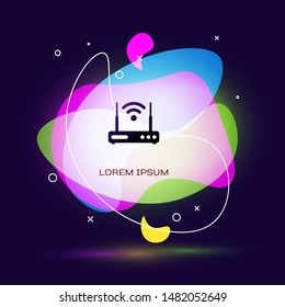 Black Router and wi-fi signal symbol icon isolated on dark blue background. Wireless ethernet modem router. Computer technology internet. Abstract banner with liquid shapes. Vector Illustration