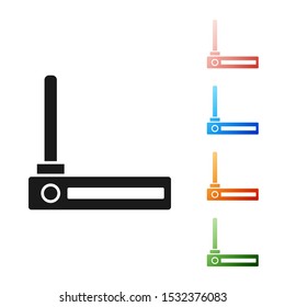 Black Router and wi-fi signal symbol icon isolated on white background. Wireless ethernet modem router. Computer technology internet. Set icons colorful. Vector Illustration Black Router and wi-fi signal symbol icon isolated on white background. Wireless ethernet modem router. Computer technology internet. Set icons colorful. Vector Illustration