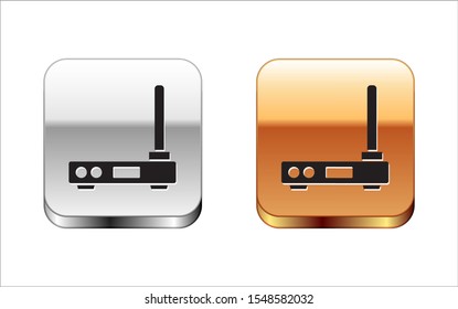 Black Router and wi-fi signal symbol icon isolated on white background. Wireless ethernet modem router. Computer technology internet. Silver-gold square button. Vector Illustration