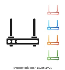 Black Router and wi-fi signal symbol icon isolated on white background. Wireless ethernet modem router. Computer technology internet. Set icons colorful. Vector Illustration