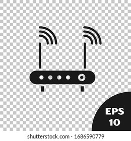 Black Router and wi-fi signal symbol icon isolated on transparent background. Wireless ethernet modem router. Computer technology internet.  Vector Illustration