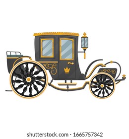 Black royal carriage with gilded elements and vintage patterns.  Big King carriage without horses. Gold crown. Royal carriage in cartoon style. Isolated vector illustration on white background. 