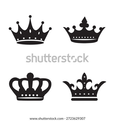 Black royal crown icons set, monarchy and luxury symbol design, king and queen emblem silhouettes, heraldic logo elements, medieval royalty illustration for branding, labels, fashion, tattoos