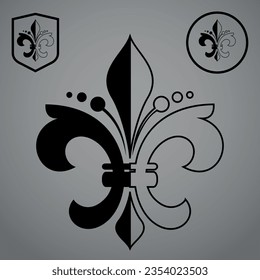Black royal lily on a gray background. Heraldic sign, logo, design element, decoration. Graphic vector pattern