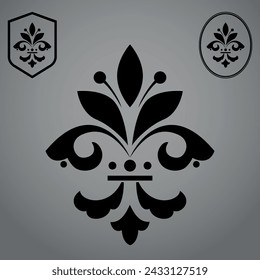 Black royal lily on a gray background. Heraldic sign, logo, design element, decoration. Graphic vector pattern