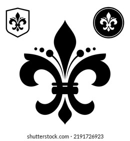 Black royal lily on a white background. Heraldic sign, logo, design element, decoration. Graphic vector pattern.