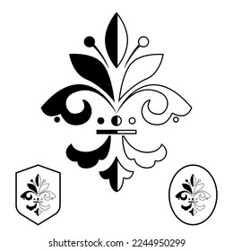 Black royal lily on a white background. Heraldic sign, logo, design element, decoration. Graphic vector pattern.