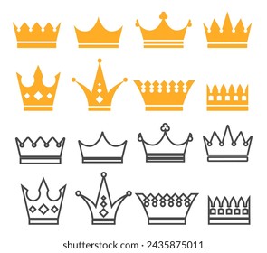 Conjunto de iconos aislados de corona de realeza negra. Ilustración de diseño gráfico plano vectorial