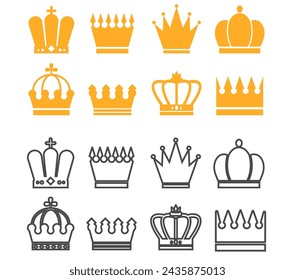 Conjunto de iconos aislados de corona de realeza negra. Ilustración de diseño gráfico plano vectorial