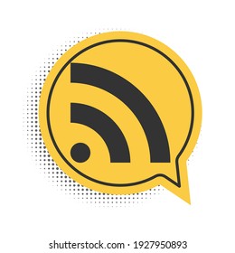 Black RSS icon isolated on white background. Radio signal. RSS feed symbol. Yellow speech bubble symbol. Vector