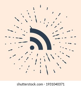 Black RSS icon isolated on beige background. Radio signal. RSS feed symbol. Abstract circle random dots. Vector Illustration