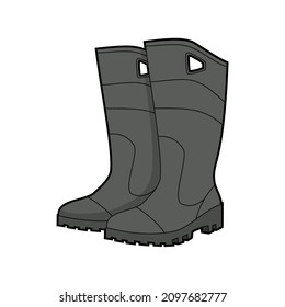Black rubber boots. Flat style. Isolated on a white background. Vector image