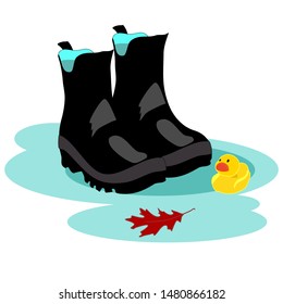Black rubber boots in puddle of water, autumn leaf and rubber duck, autumn fashion waterproof footwear vector illustration
