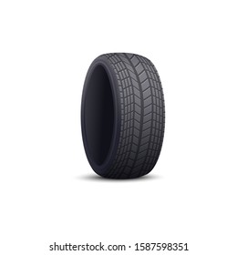 Black rubber car tire with realistic tread pattern isolated on white background - modern auto part and wheel rim protector seen from side view, vector illustration