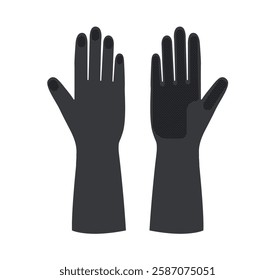 Black rubber cleaning protective Gloves Fashion hand accessory clothing technical illustration garment. Dish wash Vector front palm back view for Men, women, unisex style flat cartoon style isolated