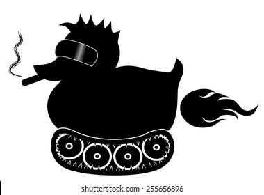 Black rubber duck with cool sunglasses, smoking and farting,  on tracks movement