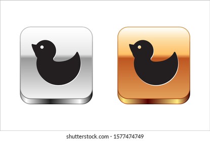 Black Rubber duck icon isolated on white background. Silver-gold square button. Vector Illustration