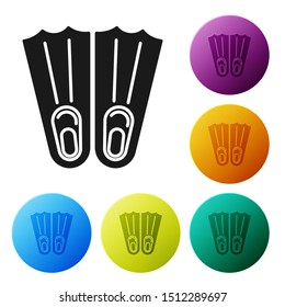 Black Rubber flippers for swimming icon isolated on white background. Diving equipment. Extreme sport. Sport equipment. Set icons colorful circle buttons. Vector Illustration