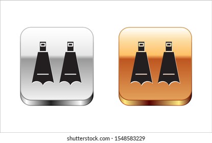 Black Rubber flippers for swimming icon isolated on white background. Diving equipment. Extreme sport. Diving underwater equipment. Silver-gold square button. Vector Illustration