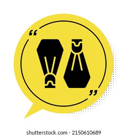Black Rubber flippers for swimming icon isolated on white background. Diving equipment. Extreme sport. Sport equipment. Yellow speech bubble symbol. Vector