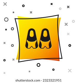 Black Rubber flippers for swimming icon isolated on white background. Diving equipment. Extreme sport. Diving underwater equipment. Yellow square button. Vector