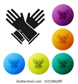 Black Rubber gloves icon isolated on white background. Latex hand protection sign. Housework cleaning equipment symbol. Set icons colorful circle buttons. Vector Illustration