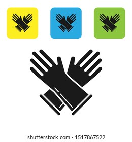 Black Rubber gloves icon isolated on white background. Latex hand protection sign. Housework cleaning equipment symbol. Set icons colorful square buttons. Vector Illustration