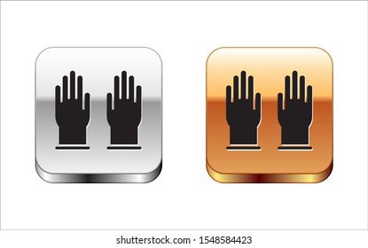 Black Rubber gloves icon isolated on white background. Latex hand protection sign. Housework cleaning equipment symbol. Silver-gold square button. Vector Illustration