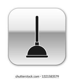 Black Rubber plunger with wooden handle for pipe cleaning icon isolated on white background. Toilet plunger. Silver square button. Vector Illustration