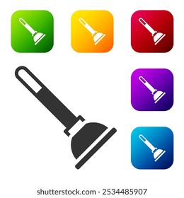 Black Rubber plunger with wooden handle for pipe cleaning icon isolated on white background. Toilet plunger. Set icons in color square buttons. Vector