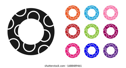Black Rubber swimming ring icon isolated on white background. Life saving floating lifebuoy for beach, rescue belt for saving people. Set icons colorful. Vector Illustration