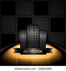 Black rubber tire on golden background, vector illustration 