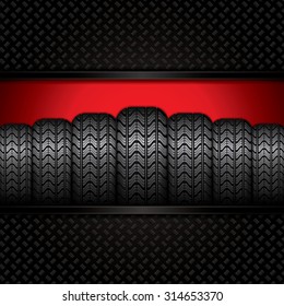Black rubber tire on red background, vector illustration 