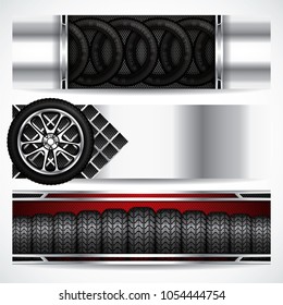 Black rubber tires on red background, banners, vector illustration 