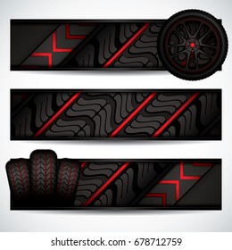 Neumáticos de caucho negro sobre fondo rojo, pancartas, ilustración vectorial 