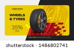 Black rubber tyre. Realistic vector shining disk car wheel tyre. Information. Tire car advertisement poster.  Store. Action. Landscape poster, digital banner, flyer, booklet, brochure and web design.