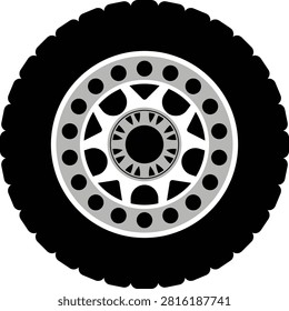 Black rubber wheel tire design. Wheel tires. Car tire tread tracks, Mini Van racing wheel minimal design. Tyres road maintenance vector automobile. Auto Van wheel tyre. Vector illustration rim design