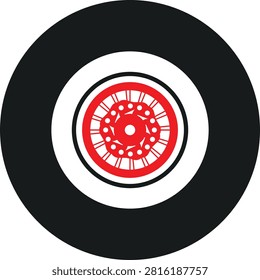 Black rubber wheel tire design. Wheel tires. Car tire tread tracks, Mini Van racing wheel minimal design. Tyres road maintenance vector automobile. Auto Van wheel tyre. Vector illustration rim design