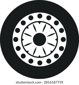 Black rubber wheel tire design. Wheel tires. Car tire tread tracks, Mini Van racing wheel minimal design. Tyres road maintenance vector automobile. Auto Van wheel tyre. Vector illustration rim design