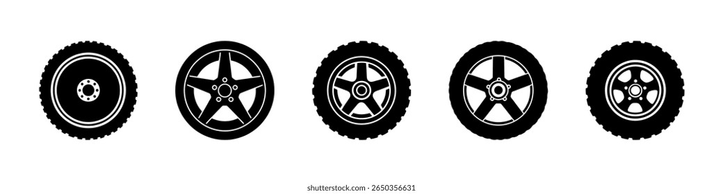 Conjunto de ícones de pneu de roda de borracha preta. Coleção de silhuetas de rodas de automóvel. Ilustração vetorial.