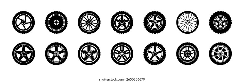 Black rubber wheel tire icons set. Automobile wheels silhouette collection. Vector illustration.