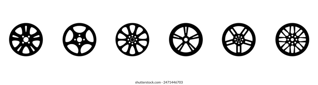 Black rubber wheel tire set. Wheel tires. Car tire tread tracks, motorcycle racing wheels and dirty tires track. Tyres road maintenance vector automobile. Auto wheel tyre. Vector illustration. EPS 10