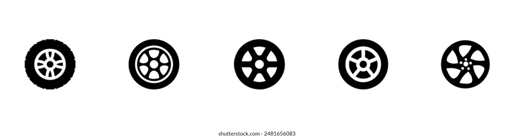 Black rubber wheel tire set. Wheel tires. Car tire tread tracks, motorcycle racing wheels and dirty tires track. Tyres road maintenance vector automobile. Auto wheel tyre. Vector illustration. EPS 10