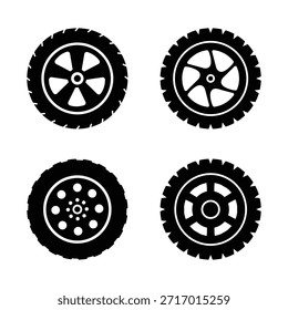 Juego de neumáticos de rueda de goma negra. Neumáticos de rueda. Pistas de la banda de rodadura del neumático de coche, ruedas de carreras de motocicletas y neumáticos sucios pista. Iconos de la rueda del coche, neumático auto del sistema, neumáticos de rueda y discos. eps 10