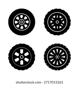 Juego de neumáticos de rueda de goma negra. Neumáticos de rueda. Pistas de la banda de rodadura del neumático de coche, ruedas de carreras de motocicletas y neumáticos sucios pista. Iconos de la rueda del coche, neumático auto del sistema, neumáticos de rueda y discos. eps 10