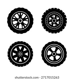 Juego de neumáticos de rueda de goma negra. Neumáticos de rueda. Pistas de la banda de rodadura del neumático de coche, ruedas de carreras de motocicletas y neumáticos sucios pista. Iconos de la rueda del coche, neumático auto del sistema, neumáticos de rueda y discos. eps 10